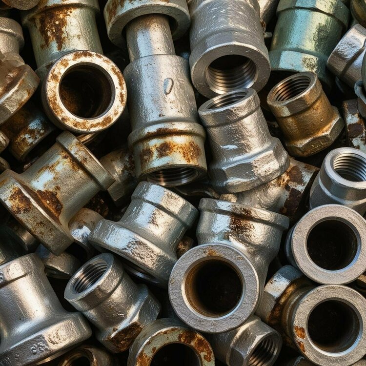 много фурнитуры бывшей в использовании грязной в пятнах алюминиевой.jpeg